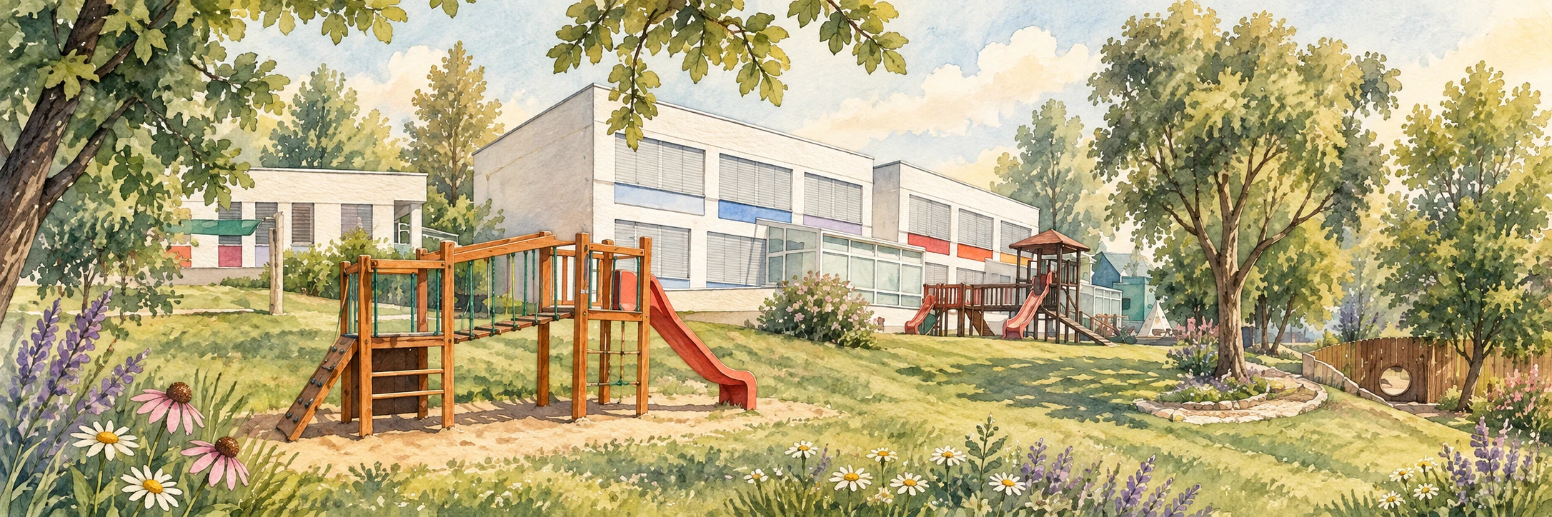 Akvarelová ilustrace budovy a zahrady MŠ Pod Homolkou